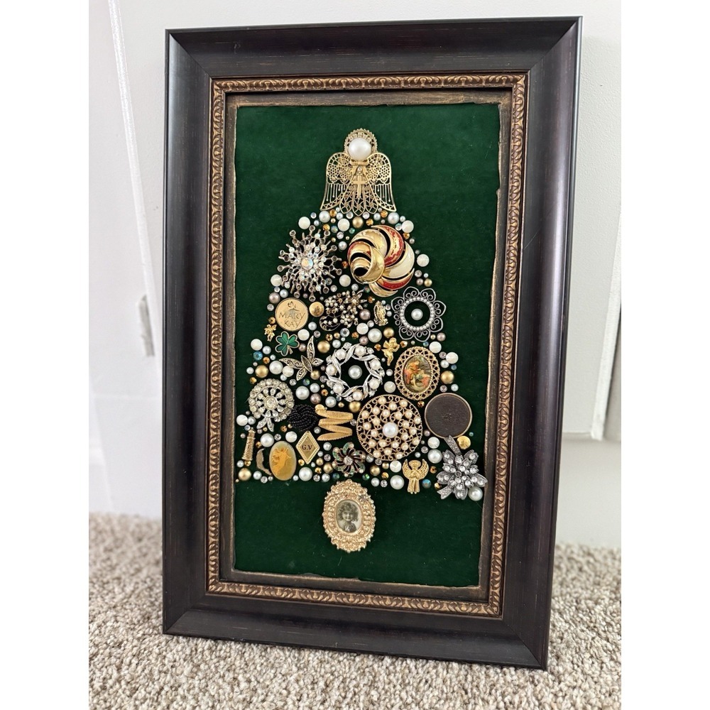Vintage Costume Jewelry Christmas Tree Framed Picture Green Gold Tone 10.5 x 17"